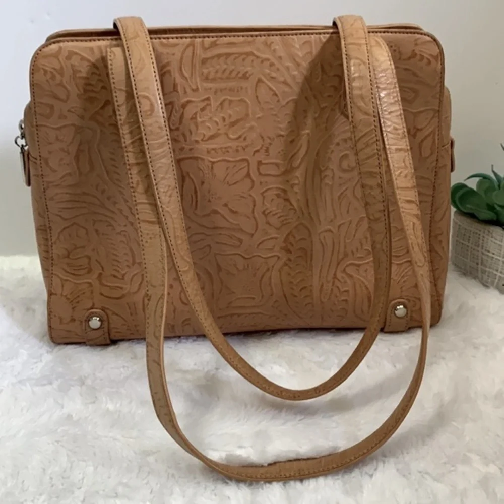 MAXX New York floral tooled embossed leather tan shoulder bag